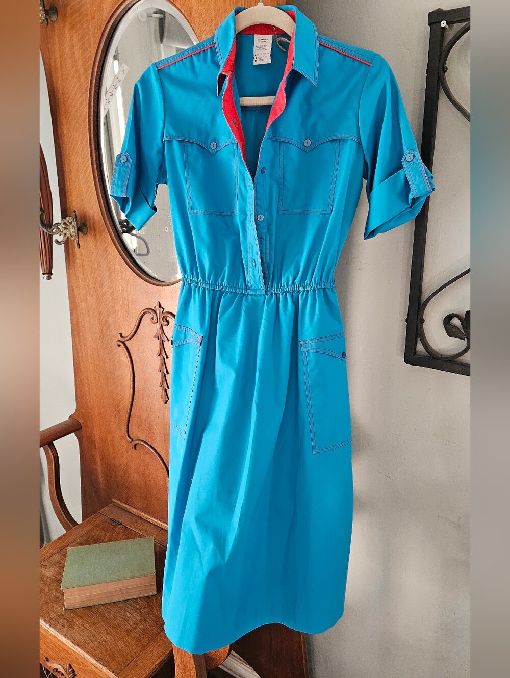 Vintage Turquoise & Red Western Utility Shirt Dress Size 7/8